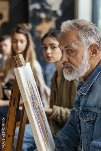 Group of diverse people painting on easel at class lead by older 60s teacher, students learn to draw, involved in art activity. Creative hobby, artistic education, vocation, revealing talent concept