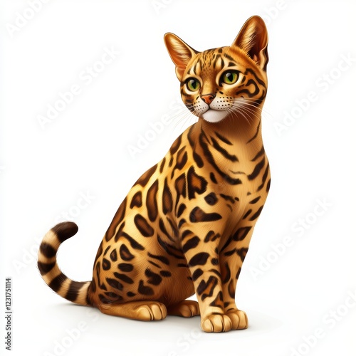 Bengal cat with a golden coat and dark rosette spots, isolated on a clean white background
