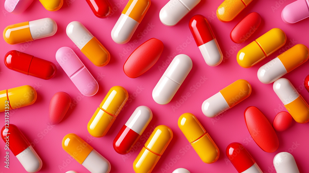 Colorful Capsules on Pink Background A Vibrant Medical Image Colorful Capsules on Pink Background A Vibrant Medical Image