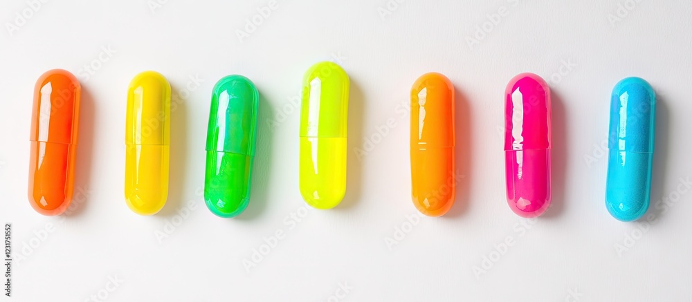 Vibrant neon colored capsules lined neatly on a clean white background showcasing bold orange, yellow, green, and pink hues in unique shapes Vibrant neon colored capsules lined neatly on a clean white background showcasing bold orange, yellow, green, and pink hues in unique shapes