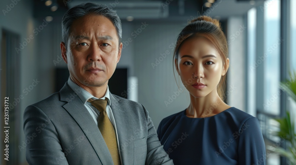 A handsome older Korean man in a classic business suit and a woman in a stylish top stand together in an office, exuding professionalism and success. A handsome older Korean man in a classic business suit and a woman in a stylish top stand together in an office, exuding professionalism and success.