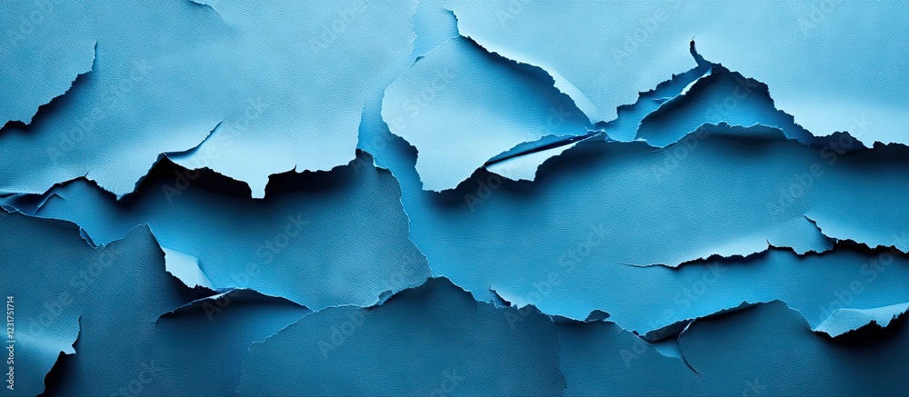 Obraz premium Torn blue paper background displaying layered textures with varying shades of blue creating depth and aesthetic appeal for design projects