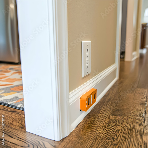 Orange power strip installed in baseboard, home interior, hardwood floor, kitchen background