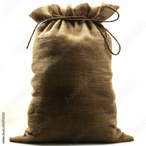 Full burlap sack, tied, white background, rustic texture