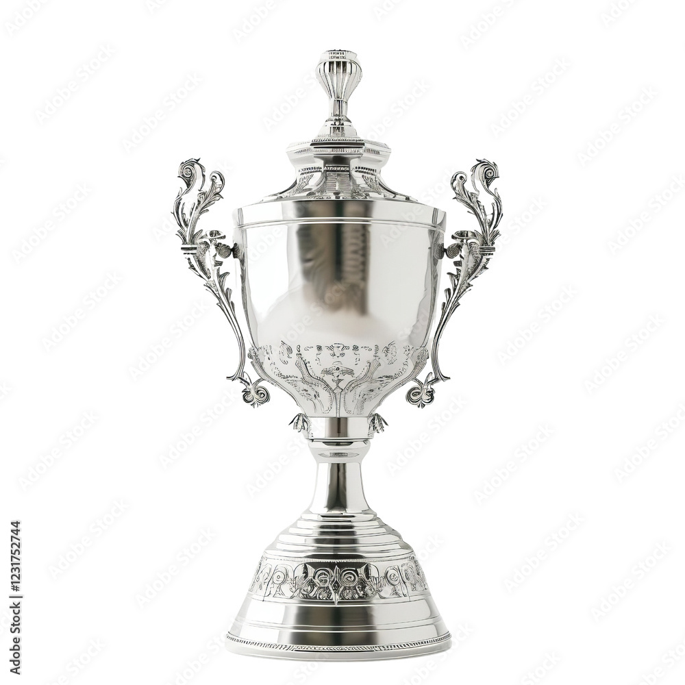 Fototapeta premium Elegant silver trophy with intricate design, symbolizing victory and excellence, isolated on white background for celebration and achievement themes.
