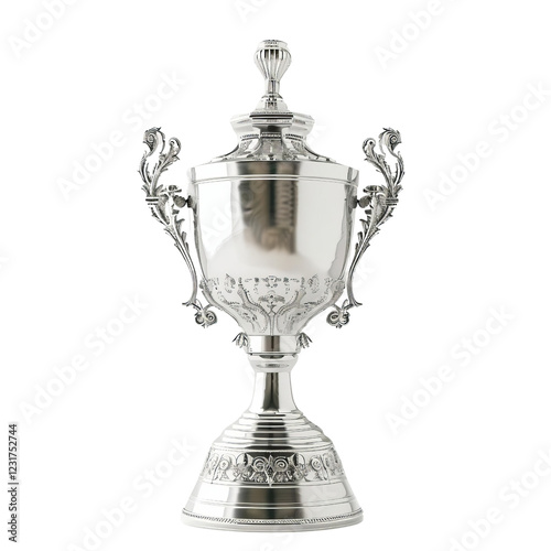 Elegant silver trophy with intricate design, symbolizing victory and excellence, isolated on white background for celebration and achievement themes.