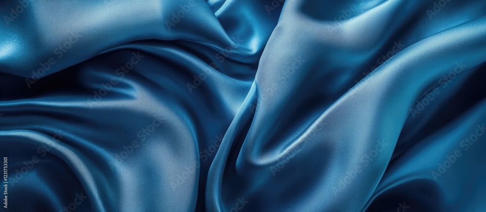 Obraz premium Satin fabric in rich blue tones with soft folds and reflective texture creating ample copy space for website banner design