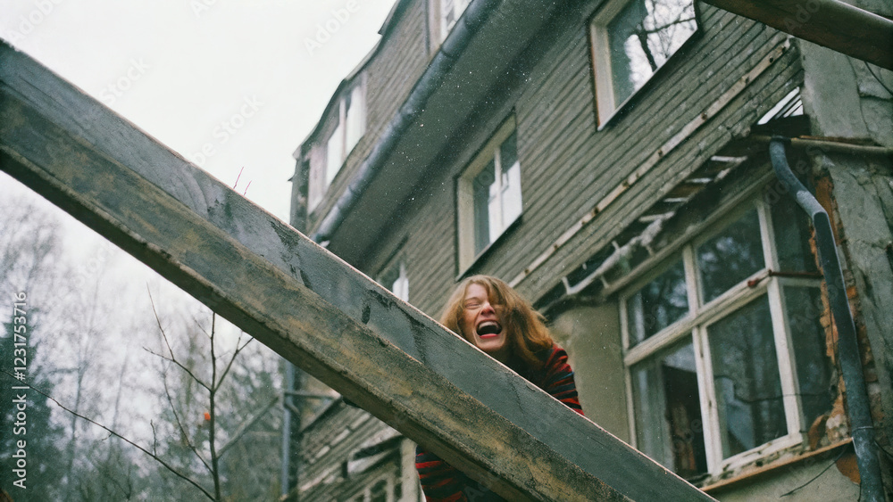 Naklejka premium woman laughing joyfully in front of old building, winter scene