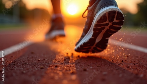 Runner s feet on running track at sunset close up view of sneakers athletic shoes active lifestyle
