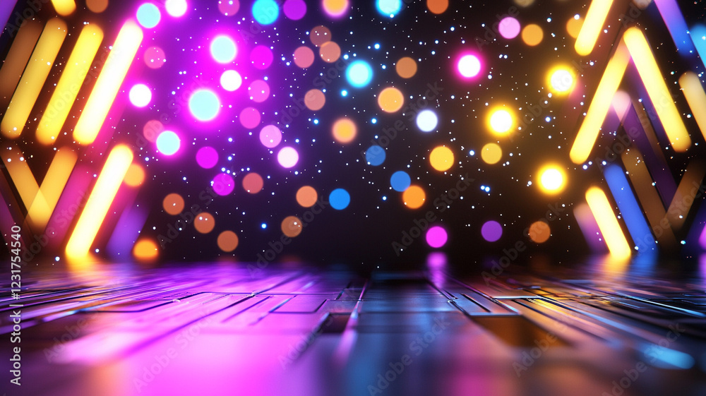 Obraz premium Dynamic Neon Lights and Colorful Bokeh Effects on Reflective Surface