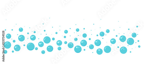 Cartoon soap bubble border, blue foam frame, water soda background, bathroom pattern, laundry suds. Shampoo splash, baby shower, sea underwater, drink fizz. Abstract vector illustration