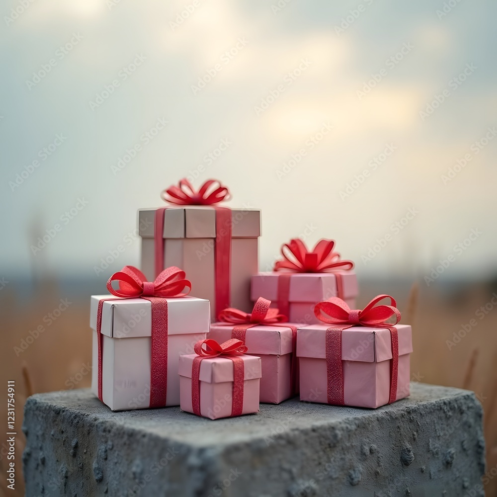 Romantic Gifts Arranged on Concrete Block in Soft Overcast Light Romantic Gifts Arranged on Concrete Block in Soft Overcast Light