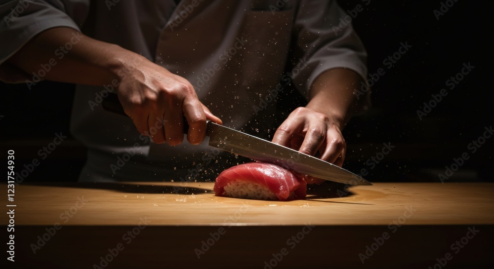 Obraz premium Chef Expertly Slicing Fresh Tuna Sushi
