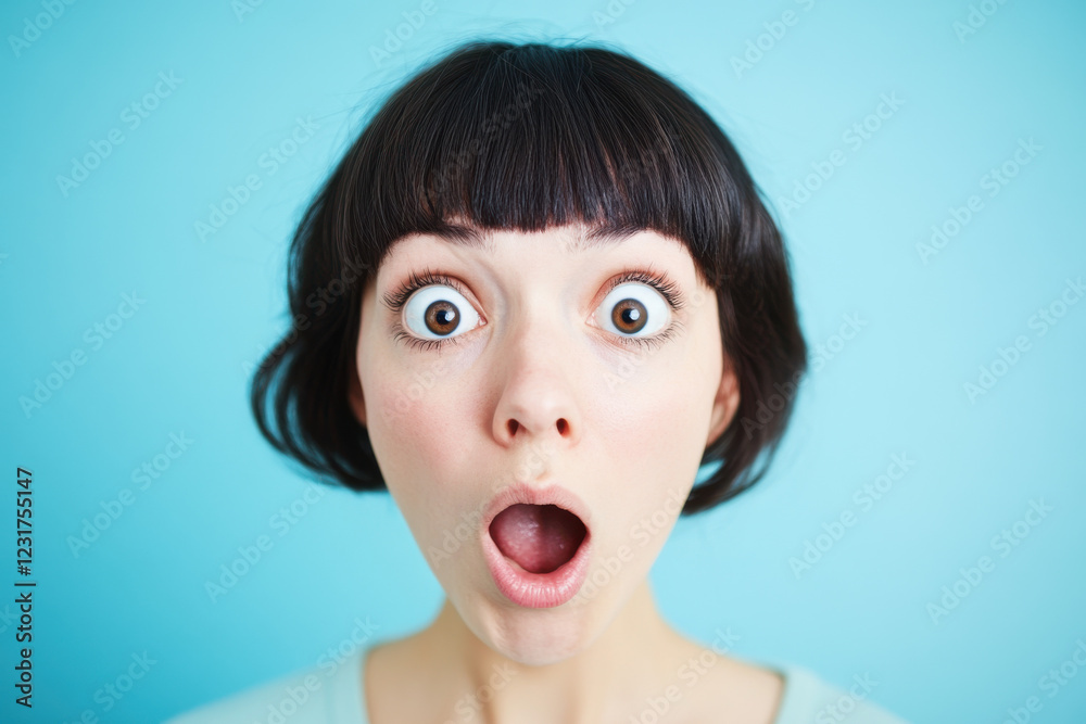 Person with wide eyes and dropped jaw, creating an expression of pretend amazement Person with wide eyes and dropped jaw, creating an expression of pretend amazement