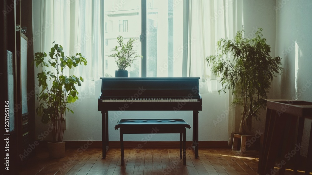 Serene Piano Room with Natural Light and Greenery