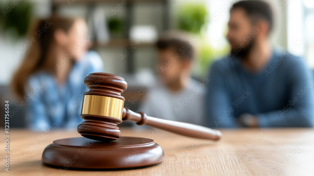 Family Law Concept Gavel and Blurred Family Background Family Law Concept Gavel and Blurred Family Background