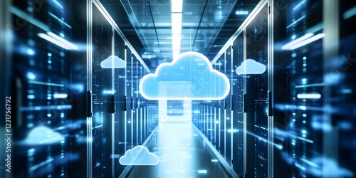 A modern data center with glowing cloud symbols, representing cloud computing and digital storage technology. Concept Modern Data Center Design, Cloud Computing Innovations