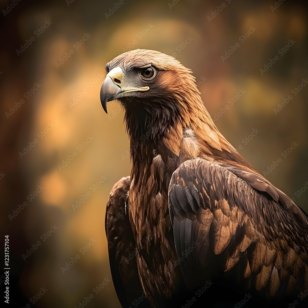 Obraz premium Eagle portrait with focused gaze, blurred forest background, for wildlife, nature, or conservation-related topics