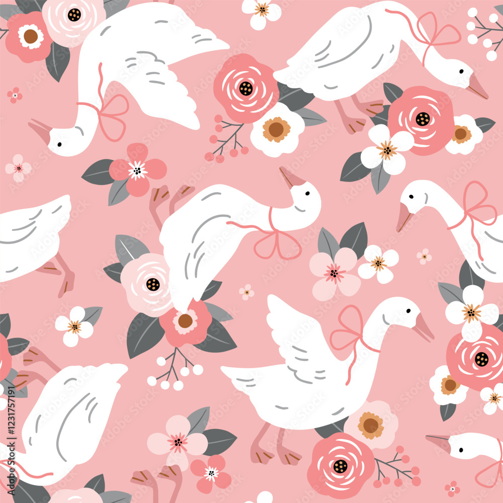 Seamless vector pattern with white goose on floral background. Hand drawn cute Easter goose pattern. Perfect for textile, wallpaper or nursery print design. Seamless vector pattern with white goose on floral background. Hand drawn cute Easter goose pattern. Perfect for textile, wallpaper or nursery print design.