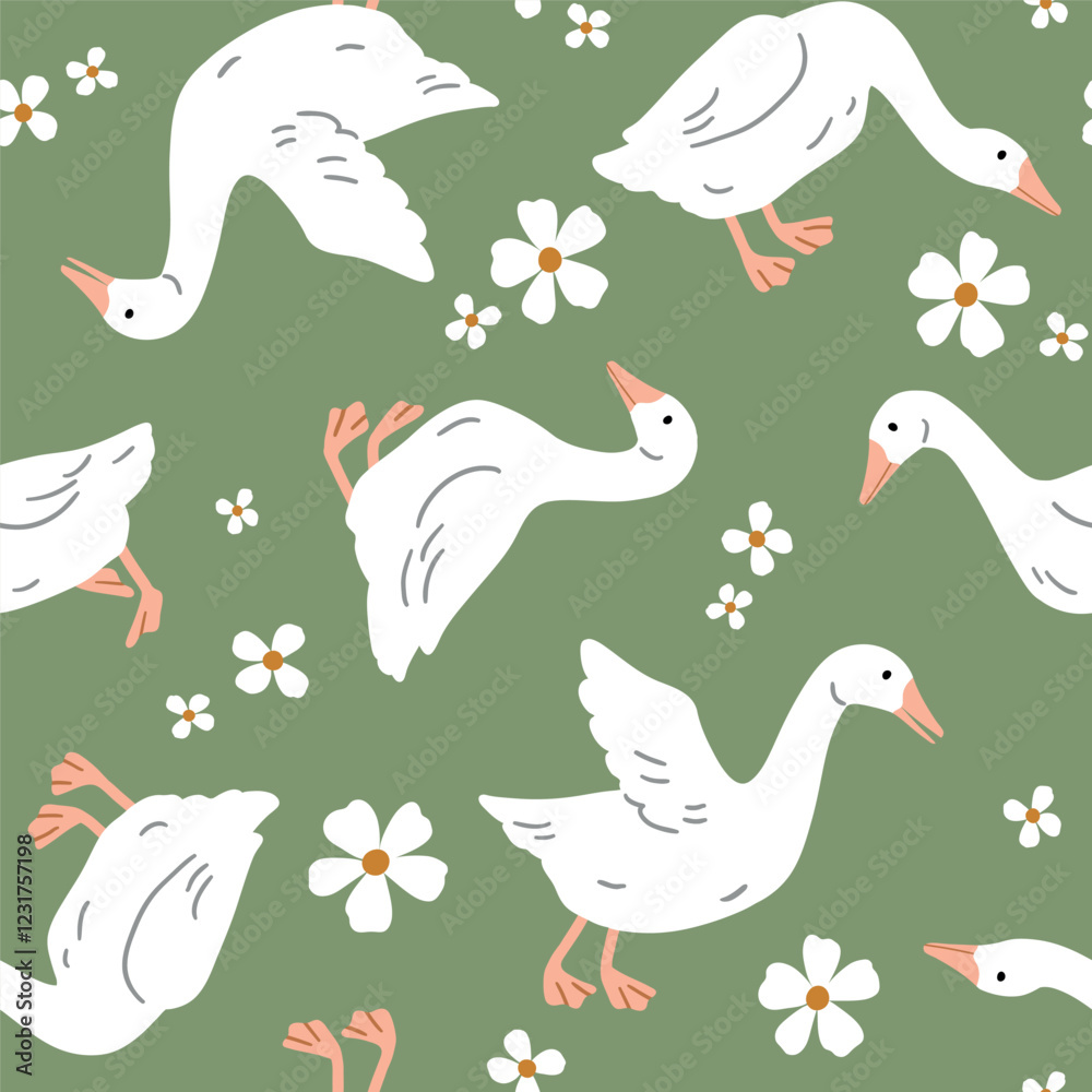 Obraz premium Seamless vector pattern with white goose on floral background. Hand drawn cute Easter goose pattern. Perfect for textile, wallpaper or nursery print design.