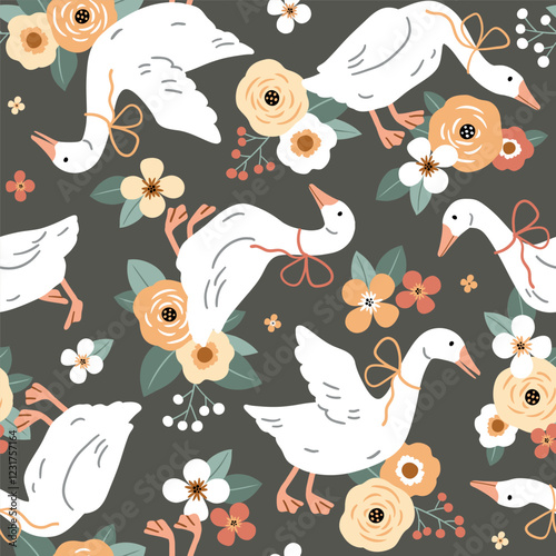 Seamless vector pattern with white goose on floral background. Hand drawn cute Easter goose pattern. Perfect for textile, wallpaper or nursery print design.