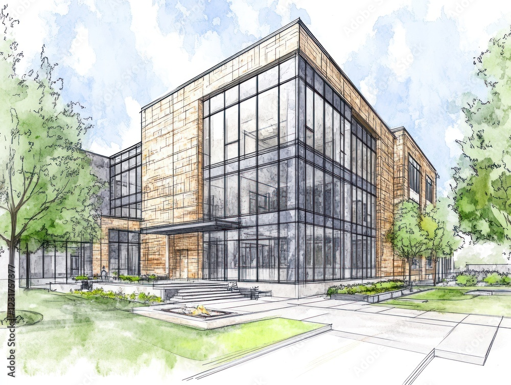 Fototapeta premium Modern Office Building Architectural Design With Landscaping