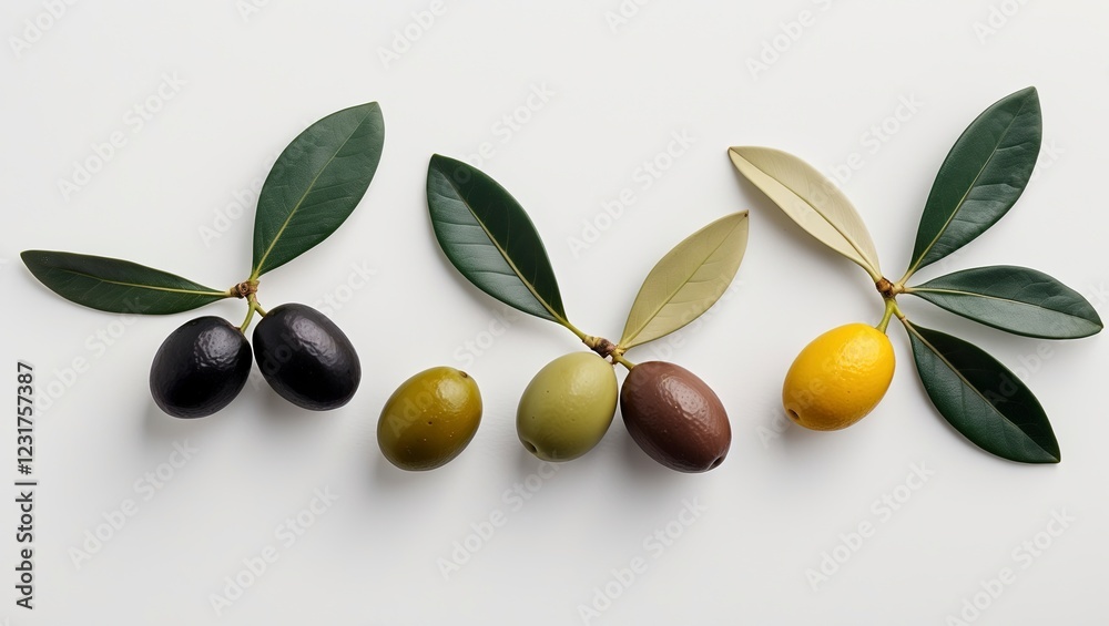 a group of five olives with their leaves on a white background. a group of five olives with their leaves on a white background.