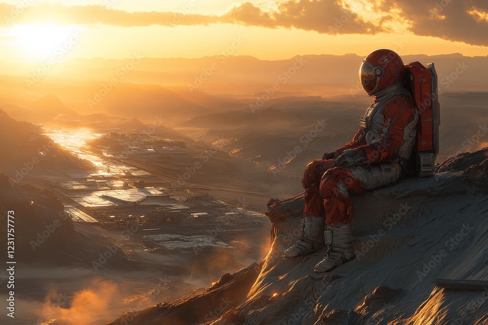 Fototapeta premium Astronaut observes a distant cityscape during sunset on an alien planet