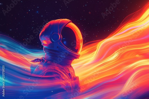 Colorful astronaut silhouette surrounded by vibrant cosmic waves in a starry space backdrop
