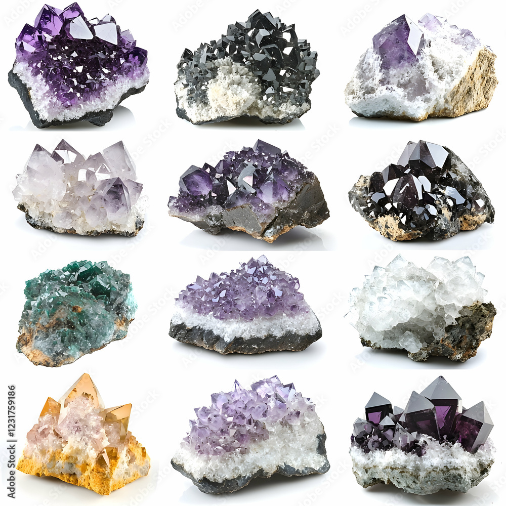 Amethyst, quartz, crystals, mineral collection, studio shot, white background, geology, educational purposes Amethyst, quartz, crystals, mineral collection, studio shot, white background, geology, educational purposes