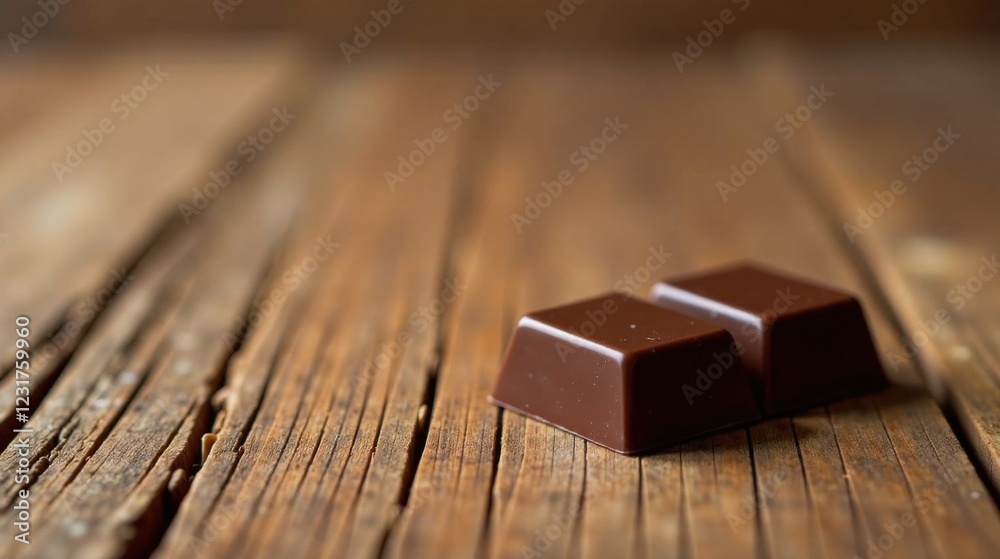 Two Dark Chocolate Squares Resting on a Rustic Wooden Surface Two Dark Chocolate Squares Resting on a Rustic Wooden Surface