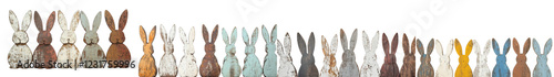 Diverse collection of adorable bunny rabbits in a variety of pastel colored fur tones and patterns  Minimalist abstract design perfect for Easter spring and home decor photo