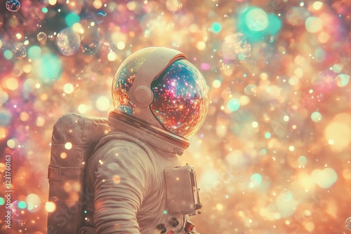 Astronaut observing cosmic bubbles illuminated by colorful starlight in a surreal space environment