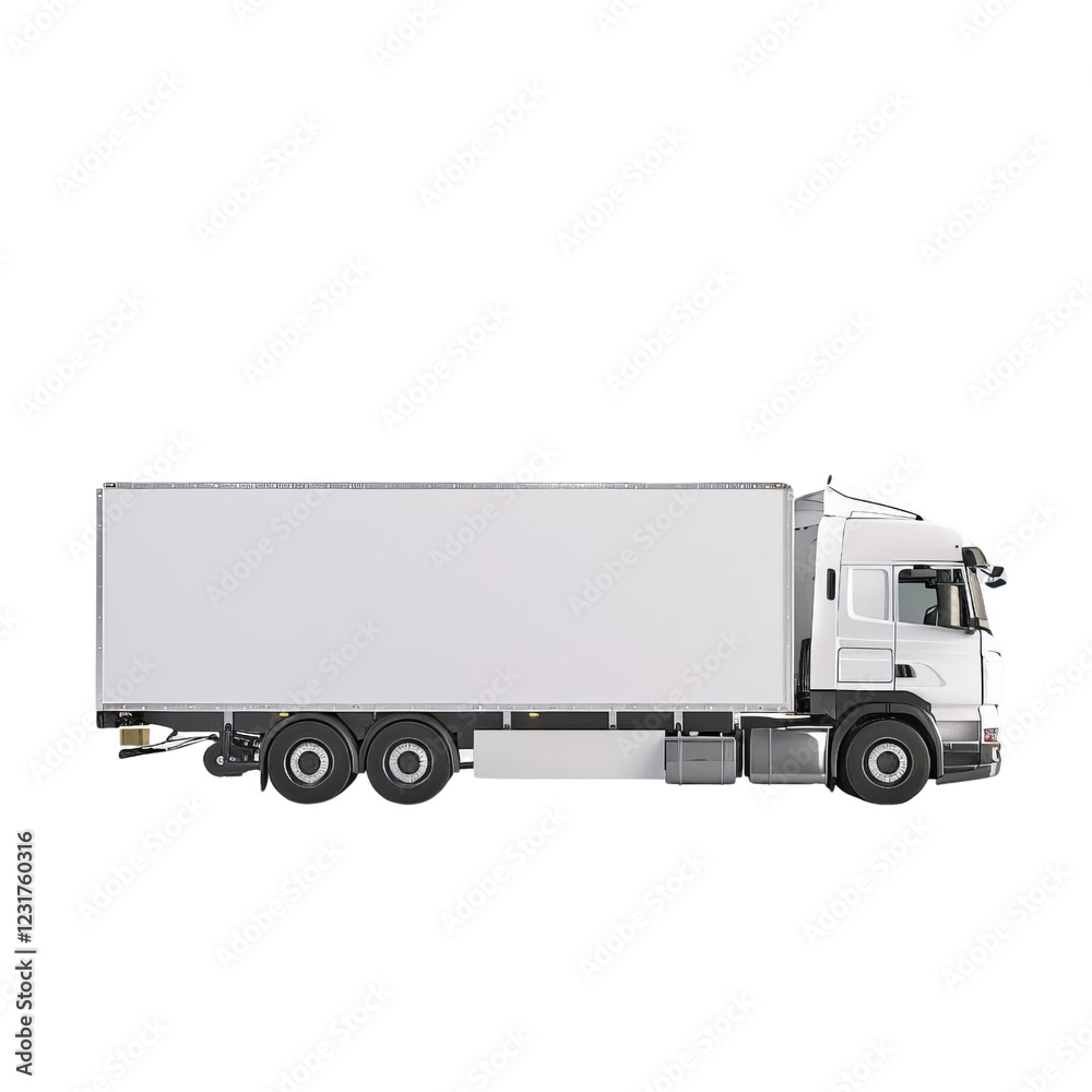 Side view of a white delivery truck isolated on a white background, showcasing modern logistics and transportation capabilities. Side view of a white delivery truck isolated on a white background, showcasing modern logistics and transportation capabilities.