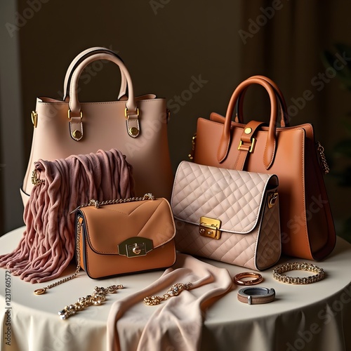 Chic Women's Accessory Showcase Purses, Jewelry, and Scarves