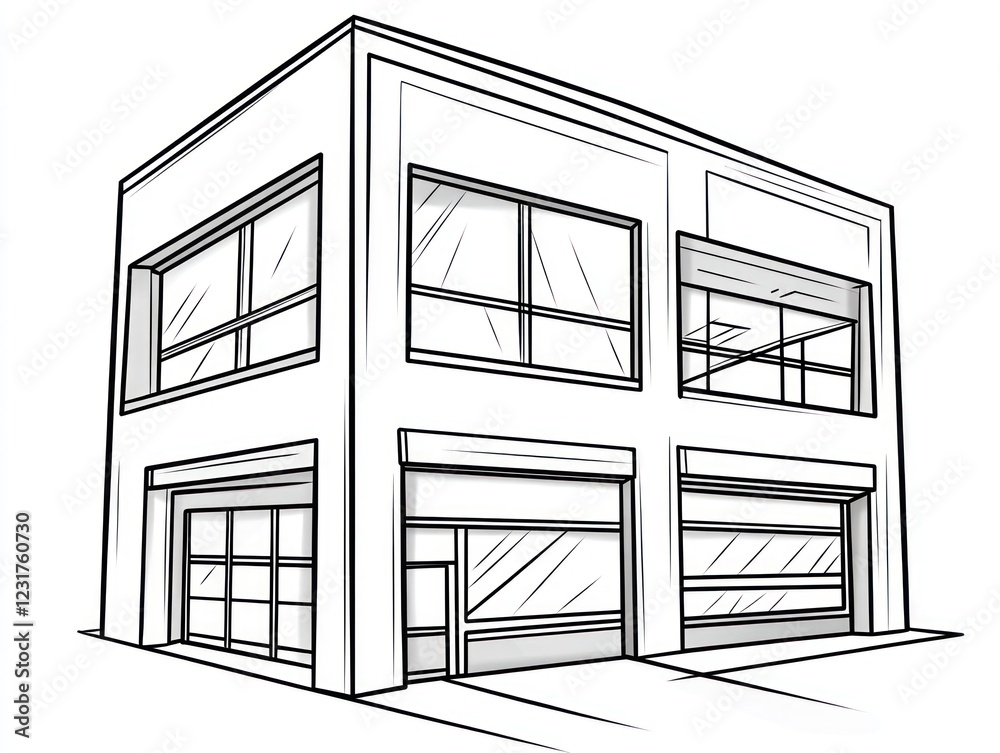 A simple line drawing of a two story commercial building A simple line drawing of a two story commercial building