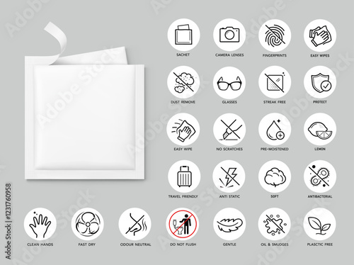 Torn sachet bag mockup for single wet wipe. Vector illustration isolated on grey background. Flat lay view. The outline icons are well scalable and editable. EPS10.