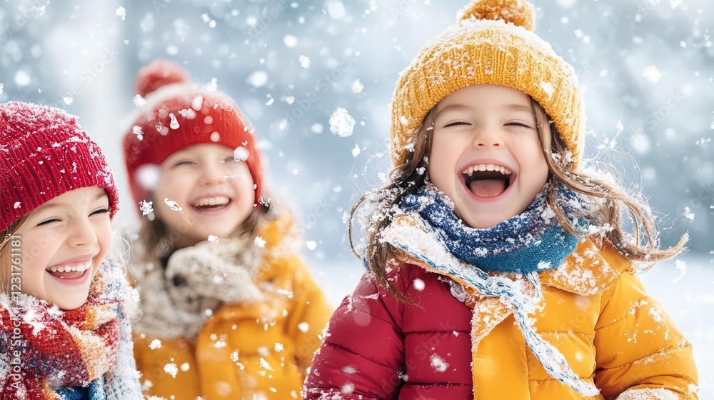 Happy children playing and laughing in the snow Happy children playing and laughing in the snow