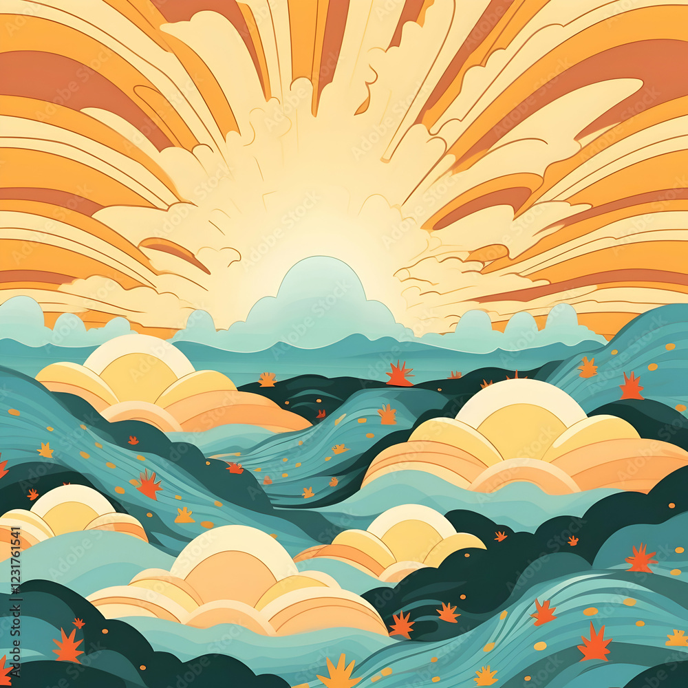 Fototapeta premium Easter sunrise celebration scenic landscape seamless pattern art tranquil environment vibrant viewpoint inspired concept