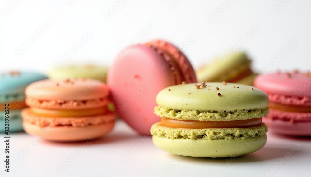 Fototapeta premium Delicious Pastel Macarons with Caramel Filling Close up Pastry Photography