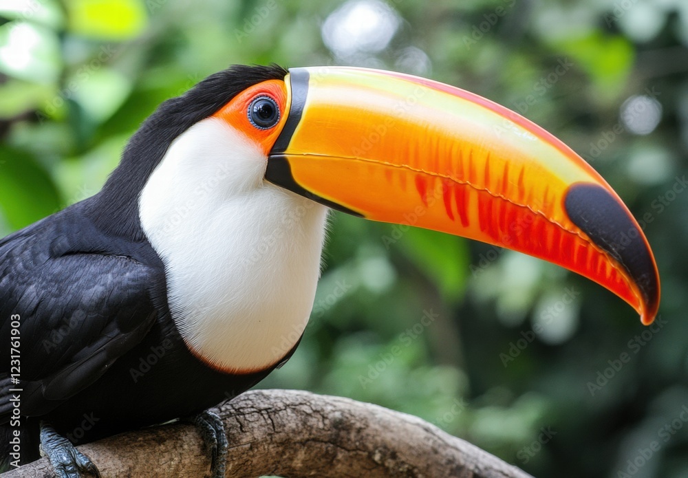 A colorful bird with a long beak is perched on a branch A colorful bird with a long beak is perched on a branch