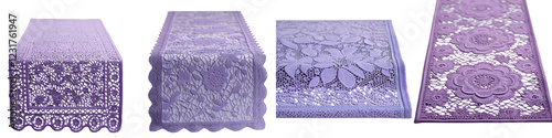 Elegant and delicate purple lace doily tablecloth with an intricate floral embroidered pattern  This luxurious textile item creates a sophisticated and romantic ambiance perfect for home decor