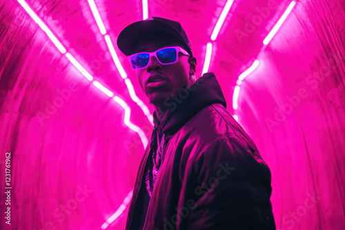 Black rapper in underpass neon light on background