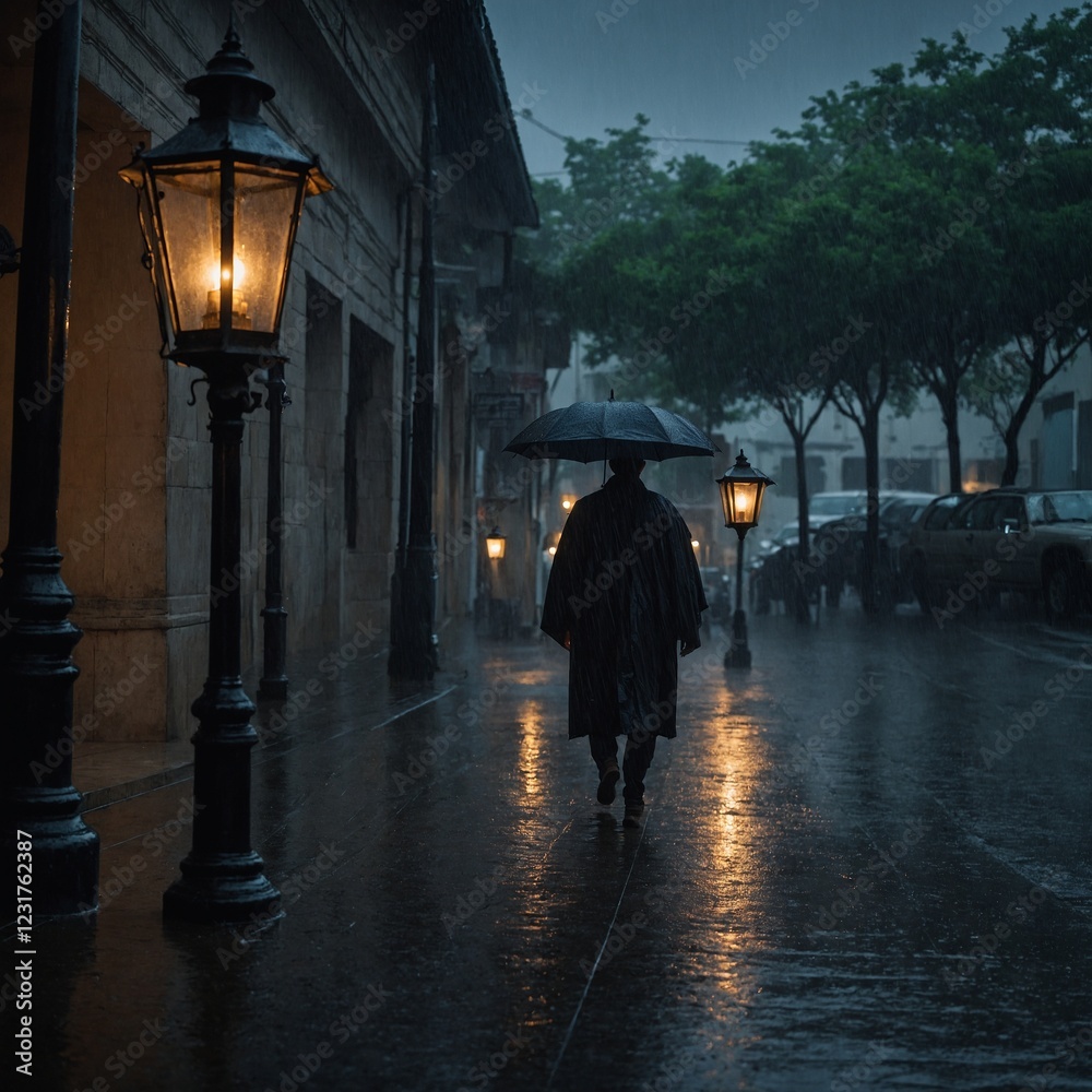 A lonely figure walking down a dimly lit street, the rain blending with their tears. A lonely figure walking down a dimly lit street, the rain blending with their tears.