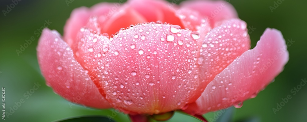 Macro view of a pink peony bloom with fresh dew droplets enhancing its vibrant color. Macro view of a pink peony bloom with fresh dew droplets enhancing its vibrant color.
