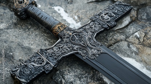 A striking black greatsword with ornate engravings and a large, decorative hilt, blending sci-fi and fantasy elements. photo