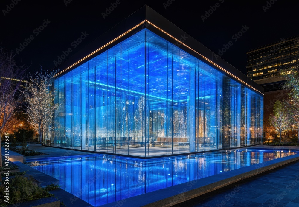 A large building with a blue glass facade and a pool in front of it A large building with a blue glass facade and a pool in front of it