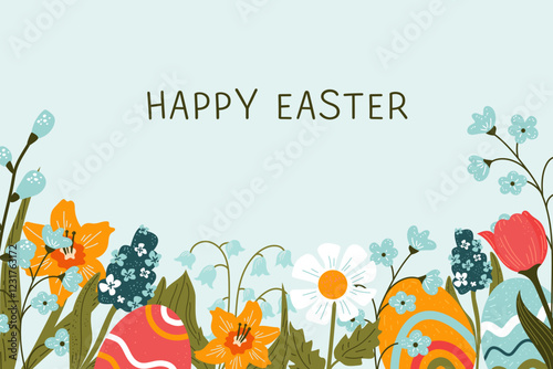 Happy Easter! Vector cute    background  with  easter eggs and colorful spring flowers. 