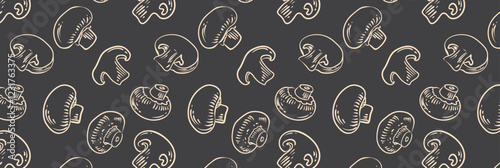 Pattern of slices and whole champignons mushrooms in different angles drawn by hand. Vector sketches mushrooms on black background.