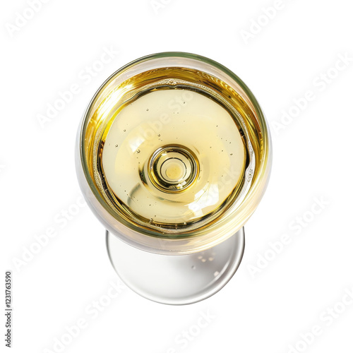 Top view of a glass of white wine, highlighting its golden hues and clarity. Perfect for culinary, beverage, and lifestyle concepts.